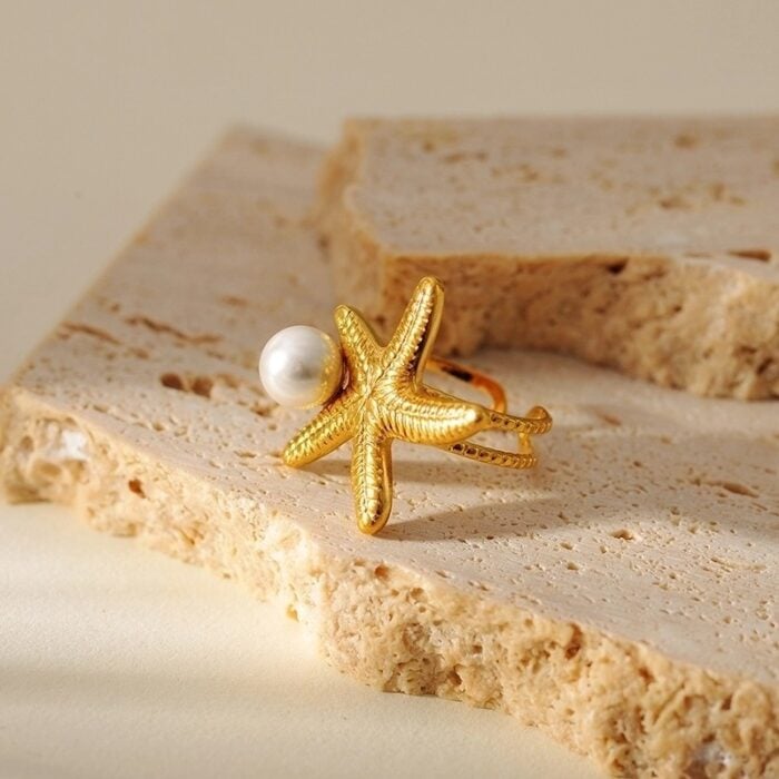 Bague « Étoile Perlée» Plaquée Or 18K